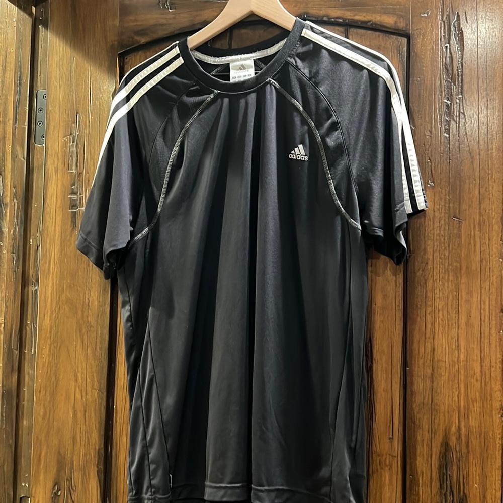 Adidas navy blue shirt, white stripes large!